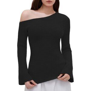 Women Off Shoulder Fall Sweater Slim 27-Black Ribbed Knit Long Sleeve Top Trendy